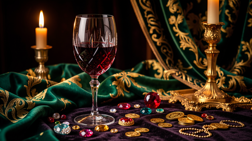 Burgundy wine goblet with gold drapery and baroque still life arrangement, evoking old-world opulence